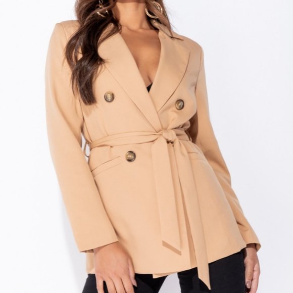 Camel Long Sleeve Double Breasted Blazer Jacket - Picture 5 of 8